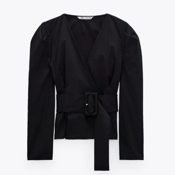 NWT* Zara Belted Puff Shoulder Poplin Wrap Blouse Black Top Shirt - Picture 11 of 12